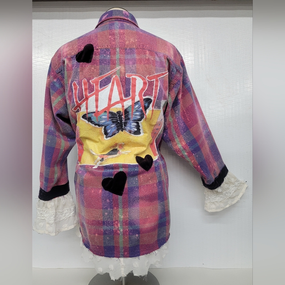 Upcycled Vintage Heart Rock Band Flannel Shirt Shacket  With Velvet & Lace - Picture 3 of 13